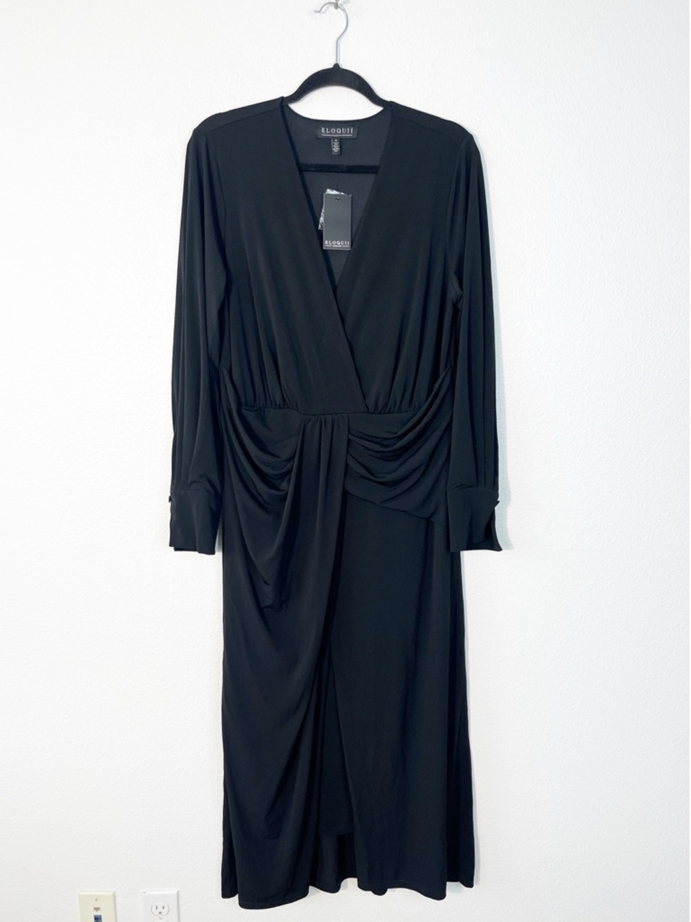NEW Eloqui Black Draped Wrap Maxi Dress Size 16 Long Sleeve Holiday Party